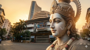 A majestic, photo-realistic double exposure image. In the foreground, a close-up profile of a classical, decorative statue of Lord Ram with traditional ornamentation. This profile seamlessly merges into a wide-angle, blurred visualization of the Dalal Street area in Mumbai at sunrise, showing the iconic BSE building entrance (closed). The sky is a warm golden-orange, suggesting divine light. The emotional feel is peace and spiritual calm over the engine of commerce.