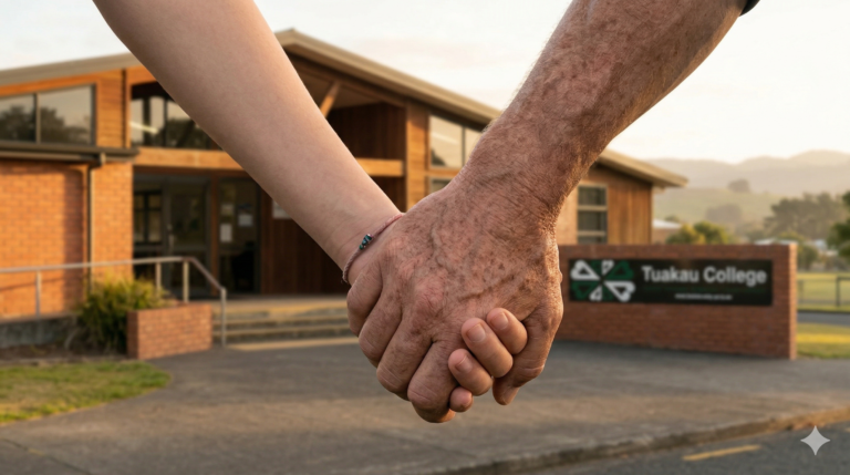 A photo-realistic, cinematic close-up of interlocking hands (one youthful, one weathered, suggesting cross-generational support) in front of a slightly blurred, warm-toned rural New Zealand high school building entrance with the sign 'Tuakau College' visible. The lighting is diffused, sunrise. The emotional tone is hope and solidarity.