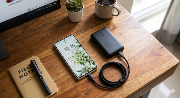 A clean top-down shot of a Pixel phone sitting on a wooden desk next to a portable power bank and a charging cable, soft morning light.