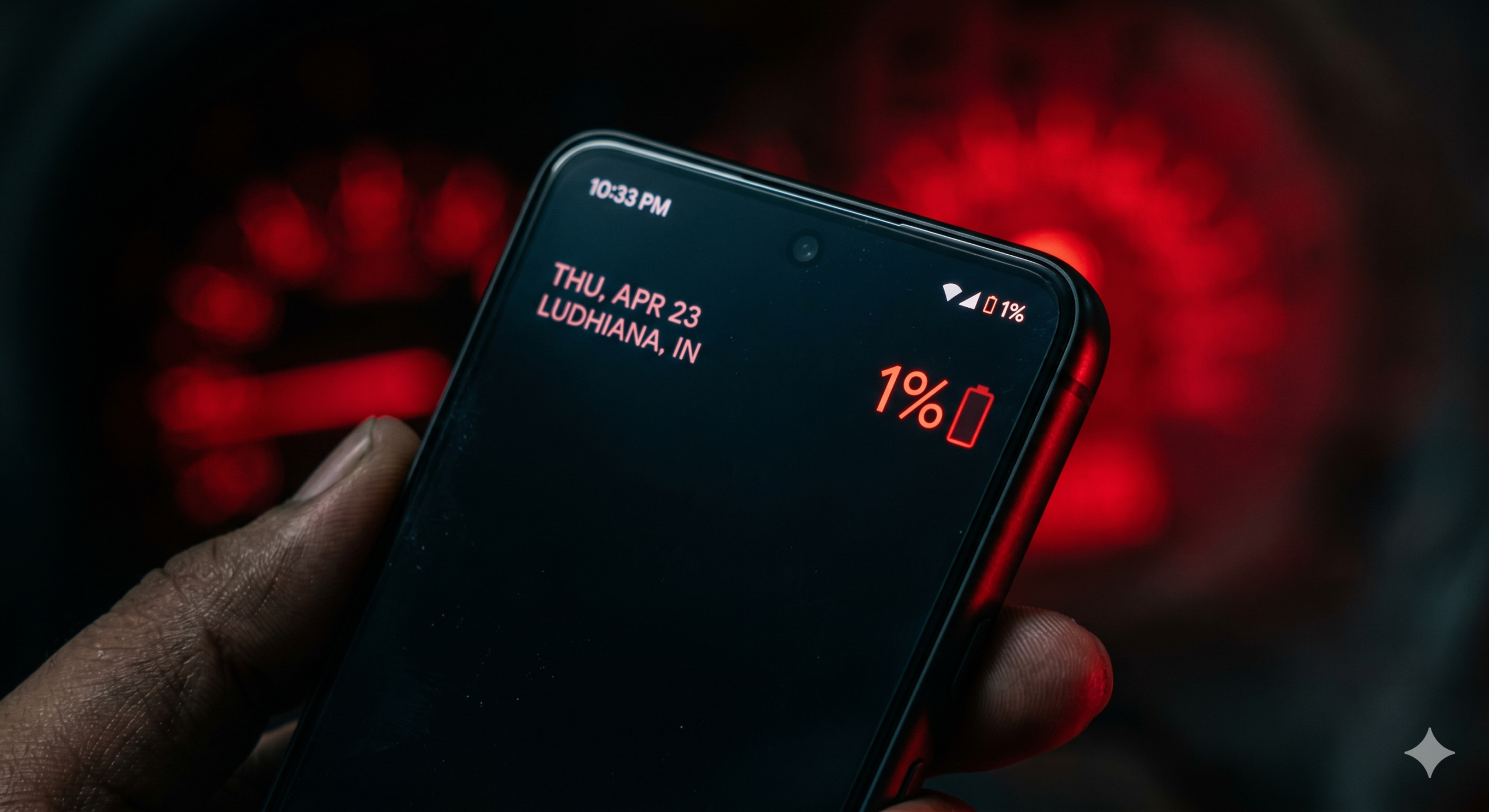 A close-up of a Google Pixel 10 screen showing a red battery icon at 1%, a dark aesthetic with a glowing red warning light in the background, sharp focus, 8k.