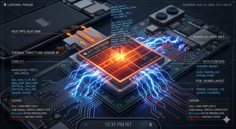 A digital 3D visualization of a smartphone CPU glowing hot orange with lines of code "leaking" out like electricity, professional tech-diagram style.