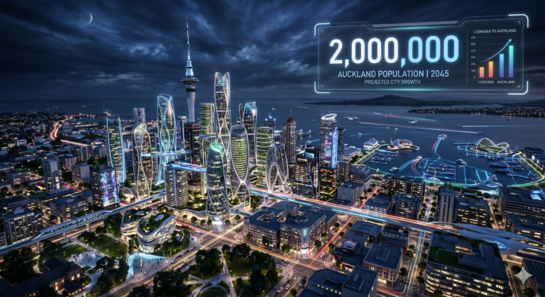 A futuristic 3D architectural render of Auckland's skyline with new high-rise buildings, glowing lights, and a digital '2,000,000' counter overlay.