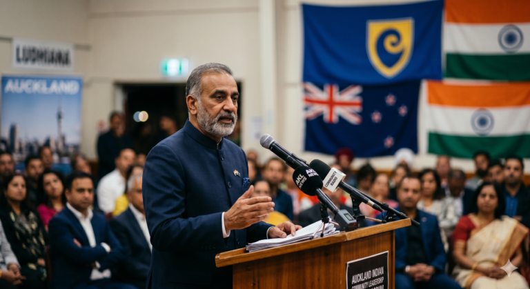 A serious portrait of an Indian community leader in Auckland speaking at a podium, blurred Auckland city flags in the background, professional news style. #AucklandNews #ShaneJones #AucklandIndianAssociation #NZPolitics #FTANews