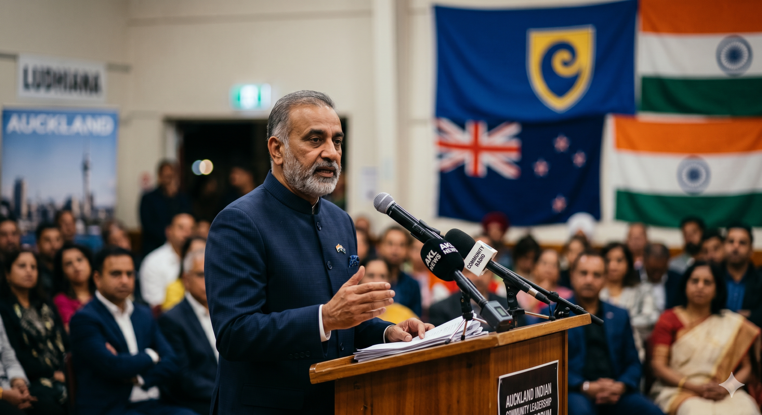 A serious portrait of an Indian community leader in Auckland speaking at a podium, blurred Auckland city flags in the background, professional news style. #AucklandNews #ShaneJones #AucklandIndianAssociation #NZPolitics #FTANews