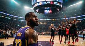 NBA Post: A tense close-up of LeBron James looking at the scoreboard at Crypto.com Arena, Rockets players celebrating in the blurred background, cinematic lighting.
