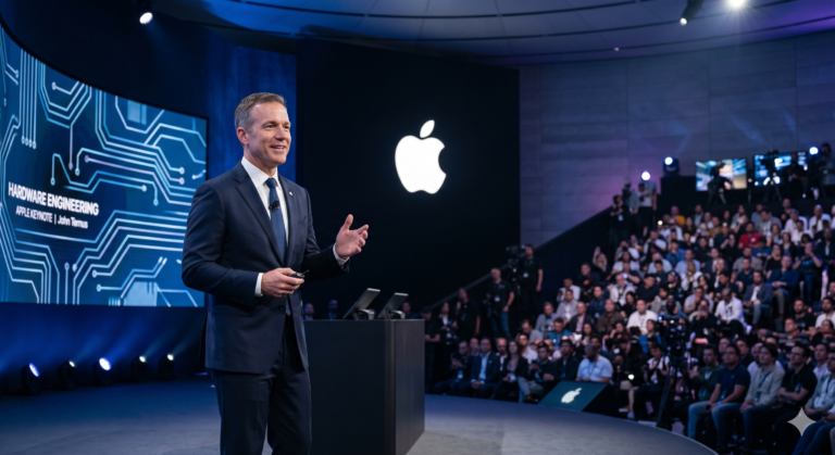 John Ternus on a stage with a minimalist Apple logo behind him, blue lighting, tech keynote atmosphere, professional photography.