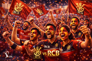 A group of fans in the stands wearing RCB red, faces painted, cheering wildly with flags., RCB fans reaction, CSK vs RCB twitter trends