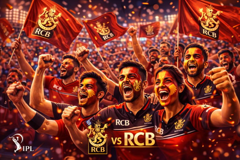 A group of fans in the stands wearing RCB red, faces painted, cheering wildly with flags., RCB fans reaction, CSK vs RCB twitter trends