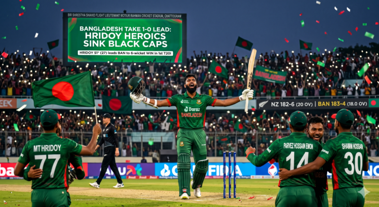 BlackCaps, NZvsBAN, CricketHighlights, T20I, BangladeshCricket Towhid Hridoy leads Bangladesh to a 6-wicket victory over New Zealand in the 1st T20I. Catch the full scorecard and highlights from Chattogram.
