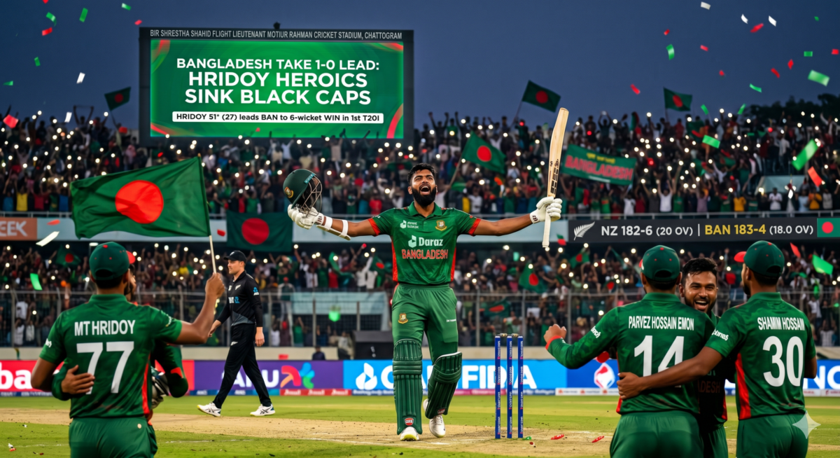 BlackCaps, NZvsBAN, CricketHighlights, T20I, BangladeshCricket Towhid Hridoy leads Bangladesh to a 6-wicket victory over New Zealand in the 1st T20I. Catch the full scorecard and highlights from Chattogram.