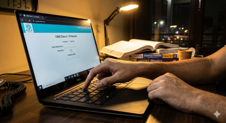 A realistic shot of a student’s hands nervously refreshing a laptop screen showing the "CBSE Results" portal, warm night lighting.