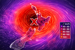 A digital weather map showing a red 'X' over the North Island with a purple and red wind-speed gradient, professional news graphic style.