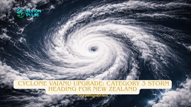 A satellite view of a massive swirling cyclone over the South Pacific, bright white clouds, deep dark blue ocean, dramatic high contrast, scientific and ominous atmosphere, ultra realistic, cinematic lighting, wide landscape composition, 16:9 aspect ratio, 1200x675