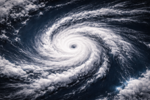 A satellite view of a massive swirling cyclone over the South Pacific, bright white clouds, deep dark blue ocean, dramatic high contrast, scientific and ominous atmosphere, ultra realistic, cinematic lighting, wide landscape composition, 16:9 aspect ratio, 1200x675