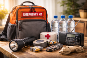 An emergency go-bag with a flashlight, bottled water, and a radio on a wooden table, soft morning light, high quality.