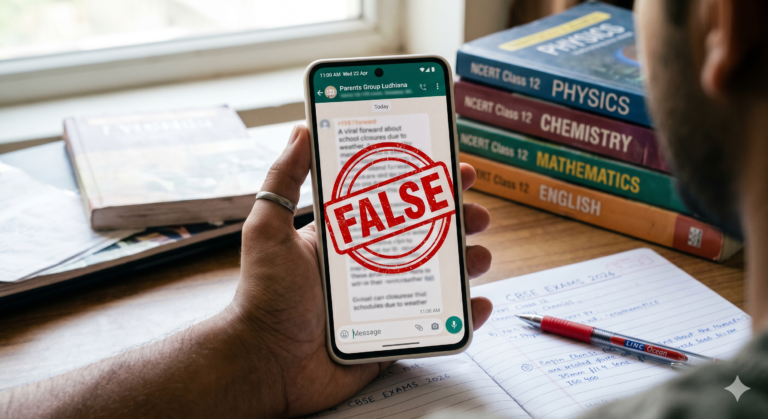 A smartphone showing a blurred viral WhatsApp message with a large red 'FALSE' stamp over it, schoolbooks in the background, sharp focus on the stamp.