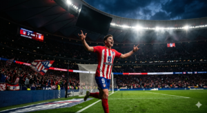 Julián Alvarez celebrating a penalty goal under the lights of Riyadh Air Metropolitano, moody atmospheric stadium lighting, high-contrast sports photography, 8k.