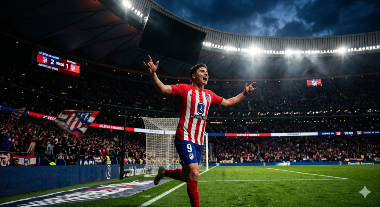 Julián Alvarez celebrating a penalty goal under the lights of Riyadh Air Metropolitano, moody atmospheric stadium lighting, high-contrast sports photography, 8k.