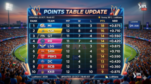 IPL points table graphic with teams ranking, glowing stats, cricket theme background, headline “Points Table Update”, modern infographic style, 1200x675