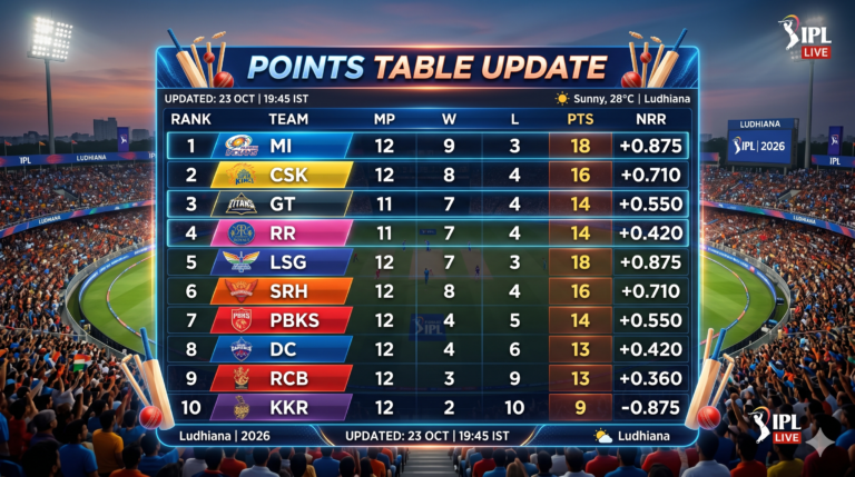IPL points table graphic with teams ranking, glowing stats, cricket theme background, headline “Points Table Update”, modern infographic style, 1200x675