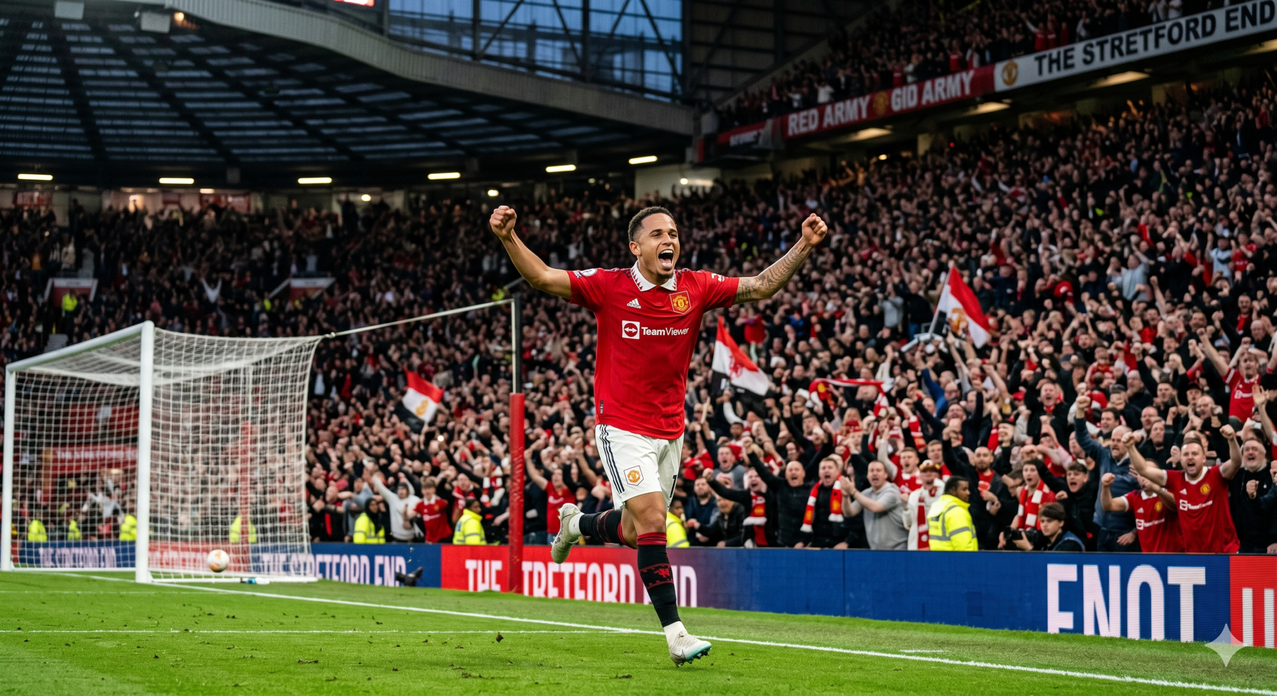 Action shot of Noah Okafor celebrating a goal at Old Trafford, intense crowd in background.
