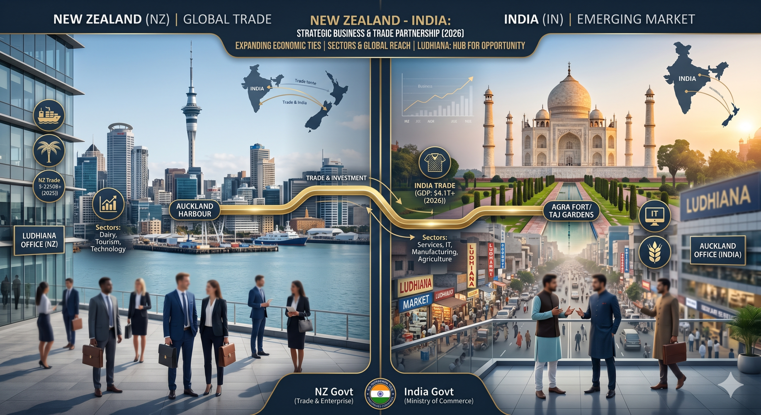 A split-screen image showing the New Zealand Sky Tower on one side and the Taj Mahal on the other, connected by a gold line, professional business trade theme. #RNZNews #ToddMcClay #NZIndiaFTA #TradeDeal #NZPolitics