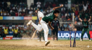 #BlackCaps #NZvsBAN #NahidRana #CricketScore #ODI Action shot of Nahid Rana mid-delivery, eyes focused, bails flying off the stumps in the background, high-speed sports photography, dust and intensity.