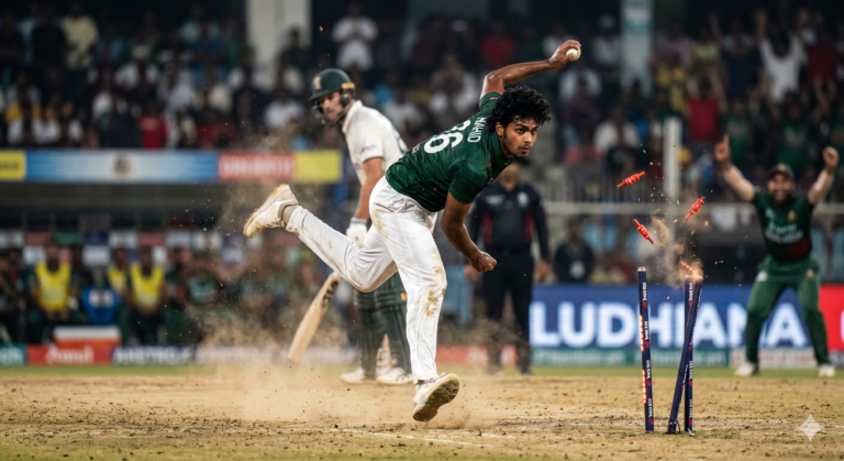 #BlackCaps #NZvsBAN #NahidRana #CricketScore #ODI Action shot of Nahid Rana mid-delivery, eyes focused, bails flying off the stumps in the background, high-speed sports photography, dust and intensity.