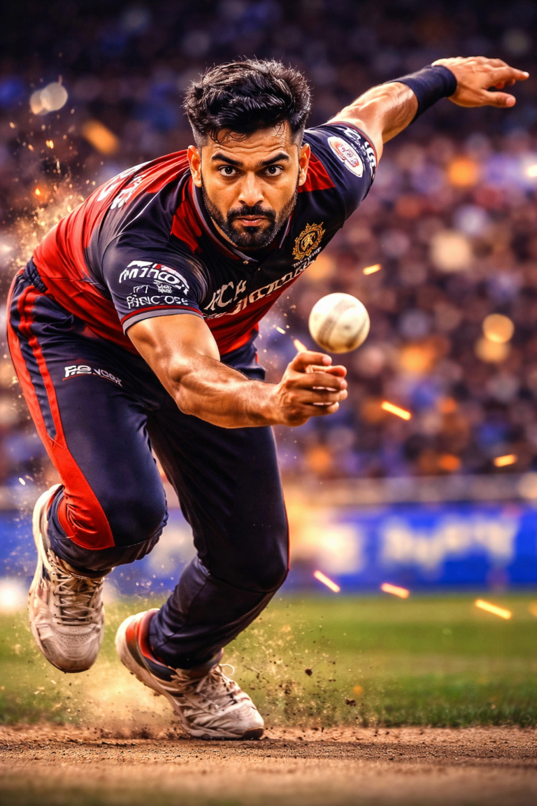 A fast bowler in full delivery stride, focused eyes, ball about to leave the hand, high-speed photography style.