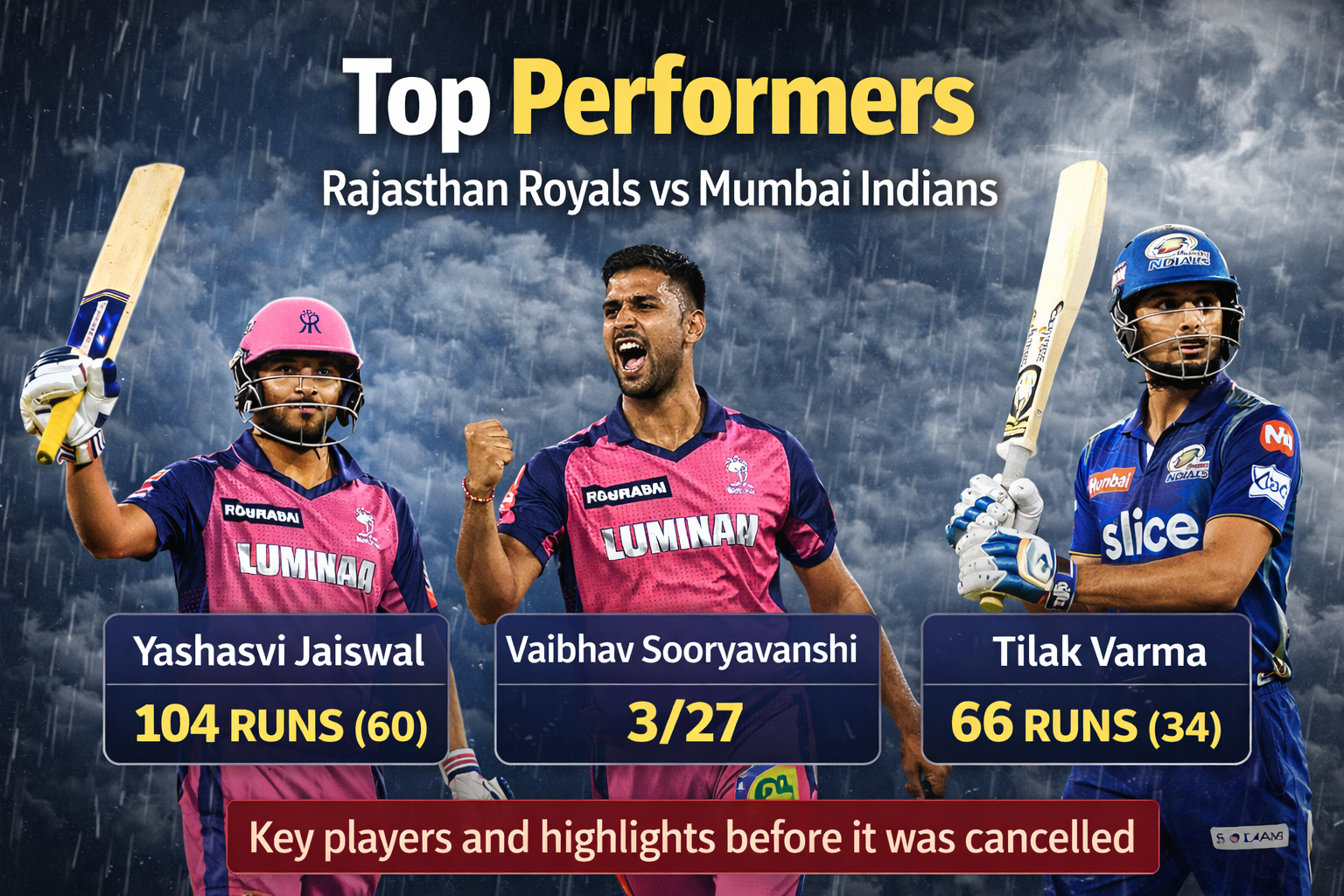 rTop performers from Rajasthan Royals vs Mumbai Indians match before it was cancelled. Key players and highlights.