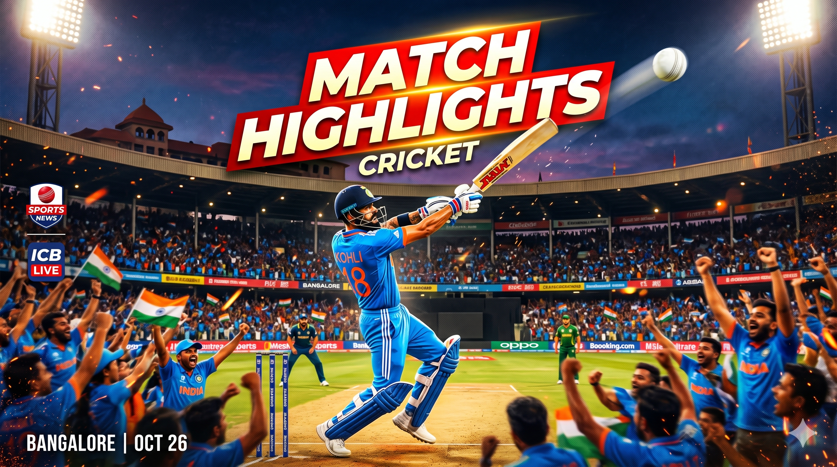 cricket player hitting big six in stadium, crowd cheering, dynamic action shot, headline “Match Highlights”, vibrant colors, sports news graphic, 1200x675