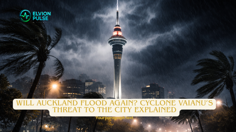 Rain-lashed Auckland Sky Tower at night, dark stormy clouds, palm trees bending in high wind, cinematic moody photography.
