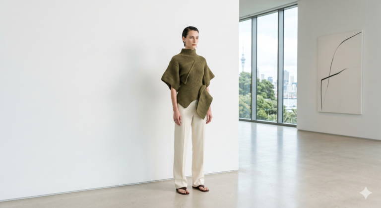 Minimalist high-fashion shot of a Wynn Hamlyn knitwear piece in a bright, modern Auckland gallery.