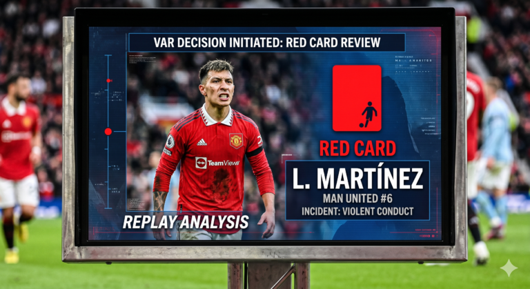 A freeze-frame style sports graphic of the VAR monitor showing a red card icon and Martinez’s name.