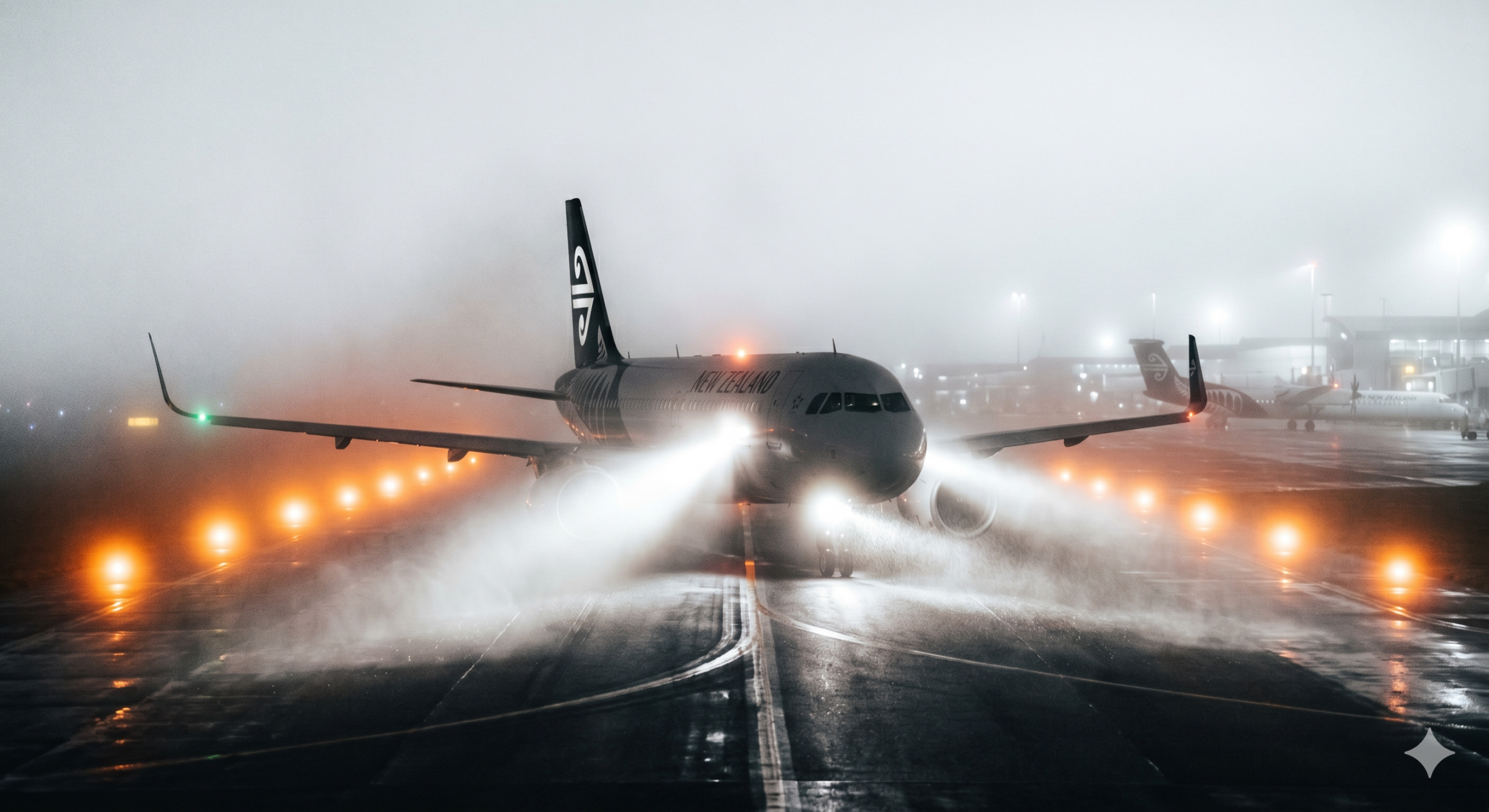 cinematic shot of a plane's headlights cutting through thick white fog on the Auckland runway, orange runway lights glowing, moody and atmospheric.