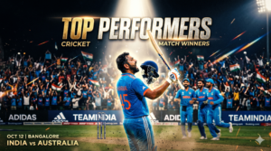 cricket players celebrating, bat raised, spotlight effect, headline “Top Performers”, dramatic sports poster style, 