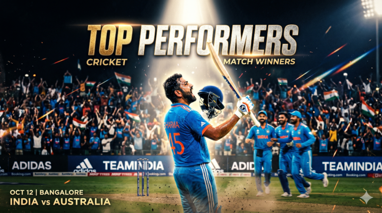 cricket players celebrating, bat raised, spotlight effect, headline “Top Performers”, dramatic sports poster style,