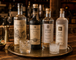 A tray of artisanal spirits including a bottle of Raicilla and a small glass of Arak with ice, rustic wooden bar background, warm atmospheric lighting.