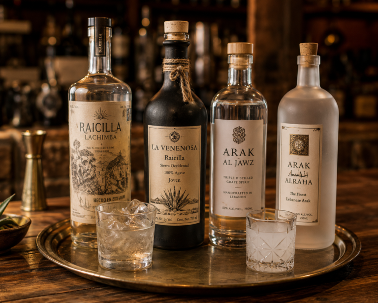 A tray of artisanal spirits including a bottle of Raicilla and a small glass of Arak with ice, rustic wooden bar background, warm atmospheric lighting.