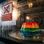 A close-up shot of a colorful jelly fidget toy resting inside a microwave with steam fogging the glass door, dramatic low-angle shot, warning aesthetic.