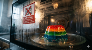 A close-up shot of a colorful jelly fidget toy resting inside a microwave with steam fogging the glass door, dramatic low-angle shot, warning aesthetic.