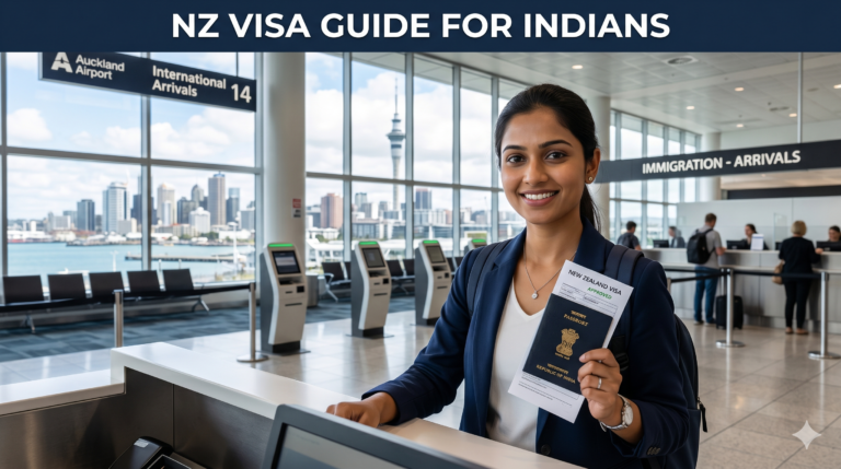 Indian traveler holding passport at Auckland airport, New Zealand skyline in background, immigration and visa concept, modern clean travel aesthetic, headline text “NZ Visa Guide for Indians”, blue and white theme, high contrast, professional editorial style, 1200x675