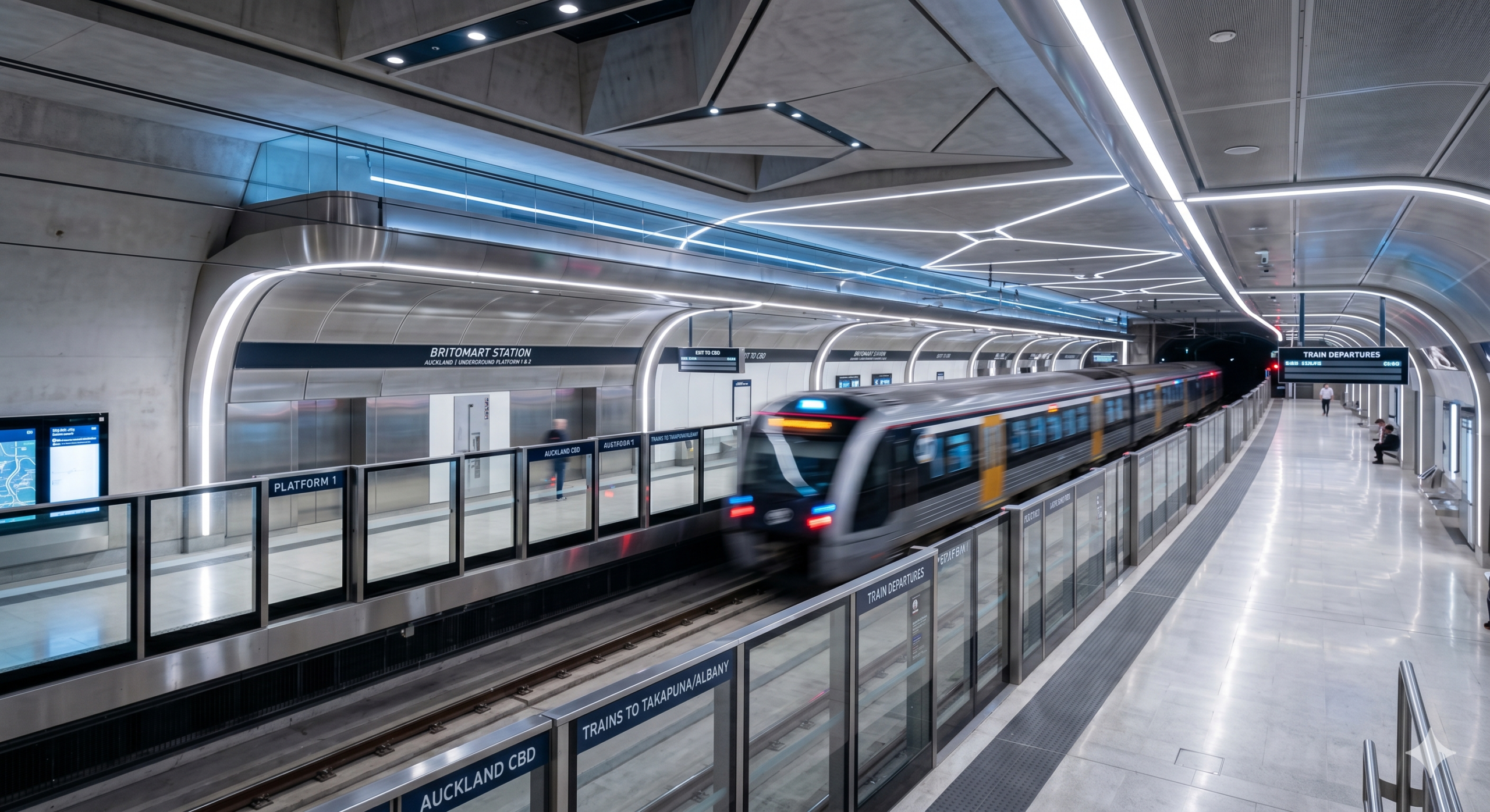 A clean, hyper-modern train station platform underground in Auckland, sleek train passing by with motion blur, professional urban architectural photography.
