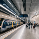 A clean, hyper-modern train station platform underground in Auckland, sleek train passing by with motion blur, professional urban architectural photography.