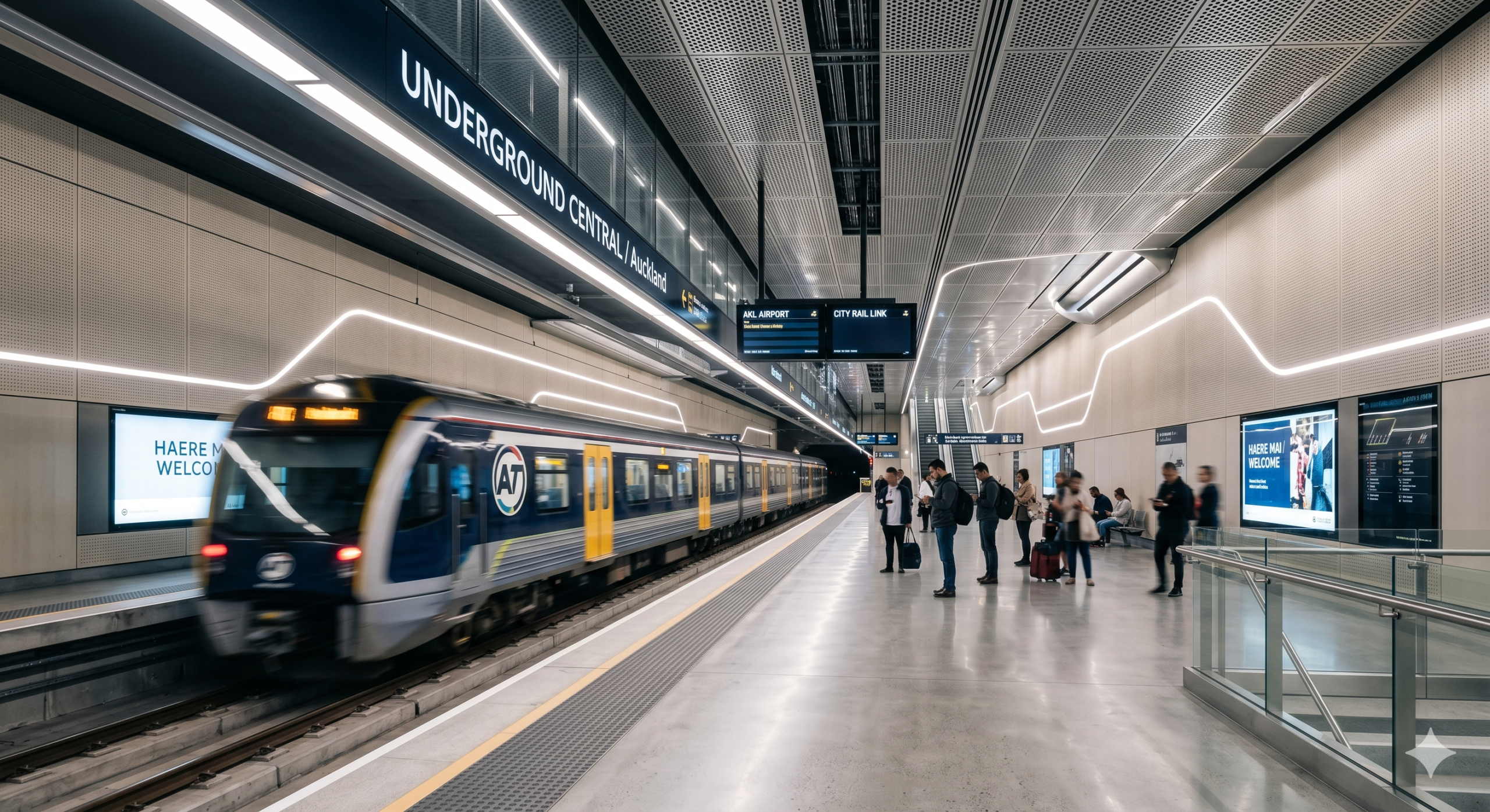 A clean, hyper-modern train station platform underground in Auckland, sleek train passing by with motion blur, professional urban architectural photography.