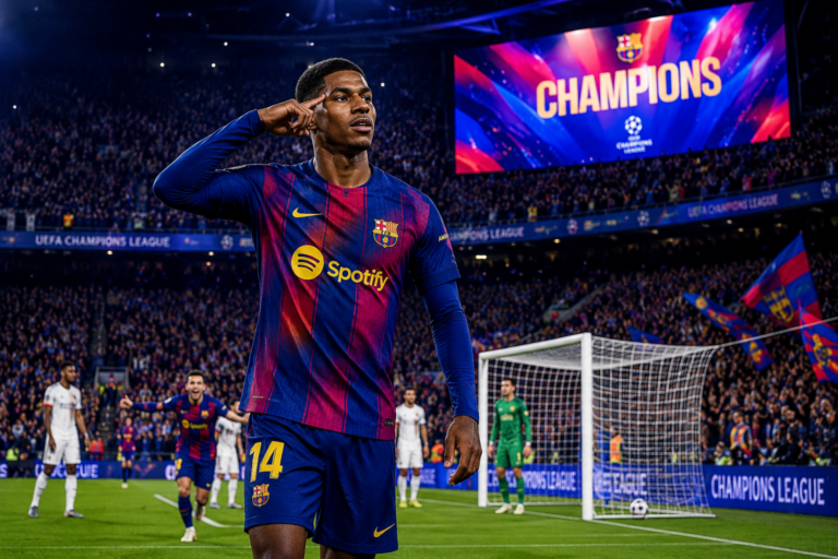 NEXT Marcus Rashford celebrating his free-kick goal at Spotify Camp Nou, 'Champions' graphics on the stadium screens, vibrant blue and garnet atmosphere, 8k.