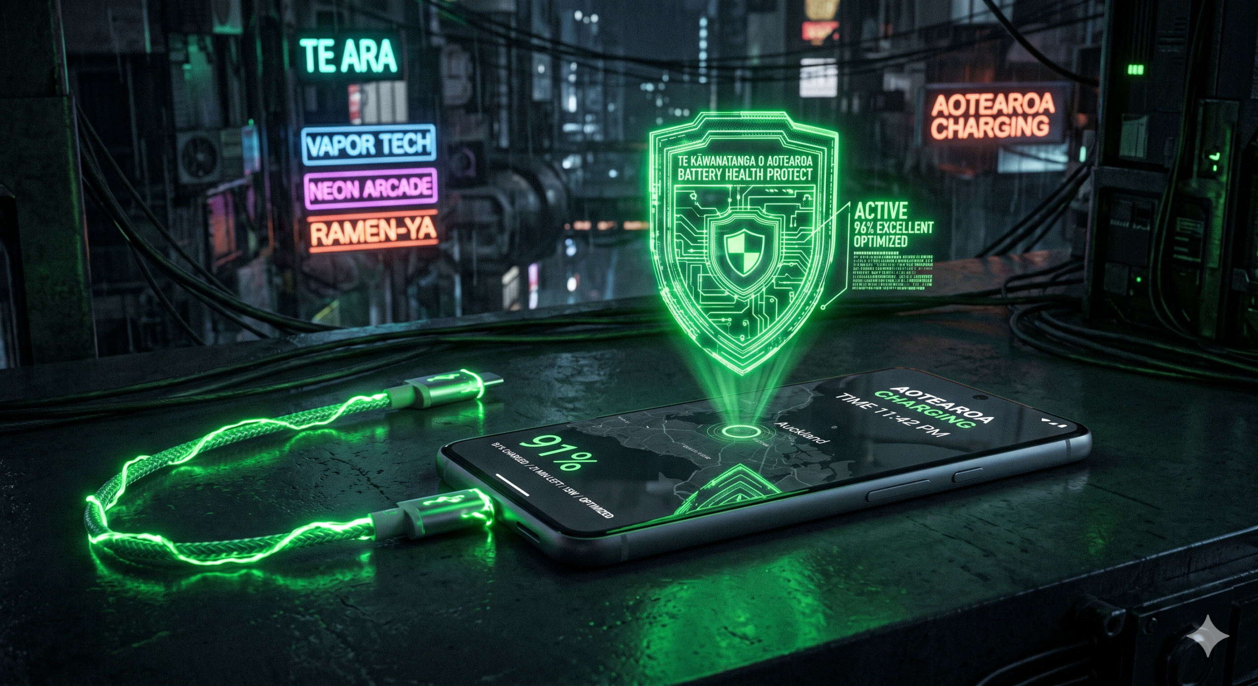 A smartphone connected to a glowing green charging cable on a sleek dark surface, a neon holographic battery health shield floating above the screen, tech-noir style.