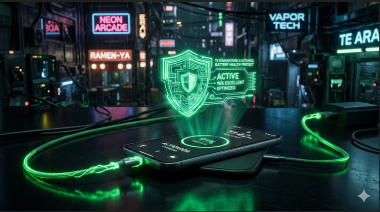 A smartphone connected to a glowing green charging cable on a sleek dark surface, a neon holographic battery health shield floating above the screen, tech-noir style.