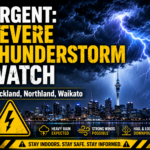 A shocking, immediately recognizable weather alert for Instagram or Facebook feeds. High visual impact with strong text overlay. A graphic, high-contrast digital weather alert image. The visual focuses on a powerful, dynamic illustration of a dark, menacing thundercloud splitting open with bright, sharp blue and purple lightning bolts over a generic, rain-soaked Auckland skyline (visible Sky Tower silhouette). The colors are moody blues and dark charcoal. Across the top in massive, bold, white and yellow sans-serif text: URGENT: SEVERE THUNDERSTORM WATCH. Below the text, in slightly smaller white font: Auckland, Northland, Waikato. An infographic element of a yellow warning triangle icon with a lightning bolt is prominent. The overall aesthetic is dark, dramatic, and urgent, suitable for an emergency alert.