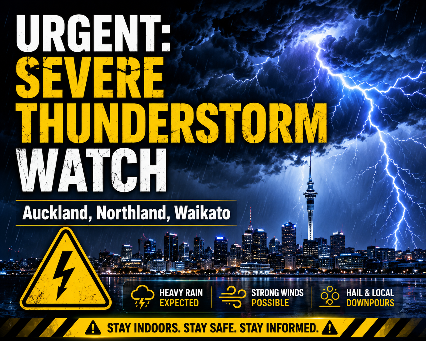 A shocking, immediately recognizable weather alert for Instagram or Facebook feeds. High visual impact with strong text overlay. A graphic, high-contrast digital weather alert image. The visual focuses on a powerful, dynamic illustration of a dark, menacing thundercloud splitting open with bright, sharp blue and purple lightning bolts over a generic, rain-soaked Auckland skyline (visible Sky Tower silhouette). The colors are moody blues and dark charcoal. Across the top in massive, bold, white and yellow sans-serif text: URGENT: SEVERE THUNDERSTORM WATCH. Below the text, in slightly smaller white font: Auckland, Northland, Waikato. An infographic element of a yellow warning triangle icon with a lightning bolt is prominent. The overall aesthetic is dark, dramatic, and urgent, suitable for an emergency alert.
